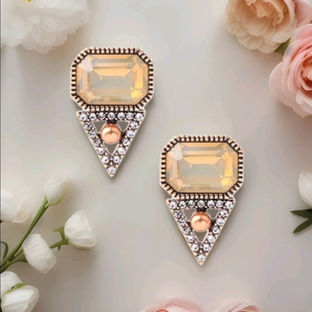 Vintage Dainty Green & White Crystal Pink Pearl Gold Drop Earrings